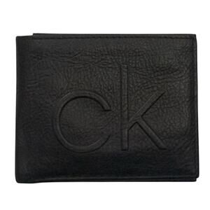 Calvin Klein Mens Bifold Wallet Black Pebbled Leather Monogram Logo RFID